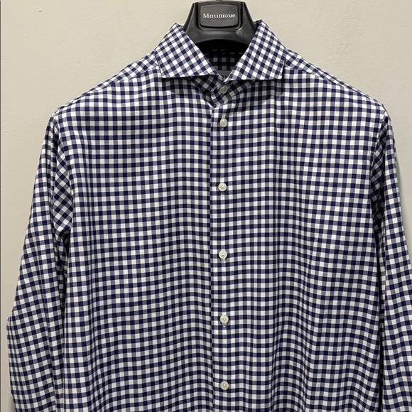 Eton Navy White Gingham Dress Shirt 16.5 Slim Fit Cotton Luxury Check - Picture 7 of 14